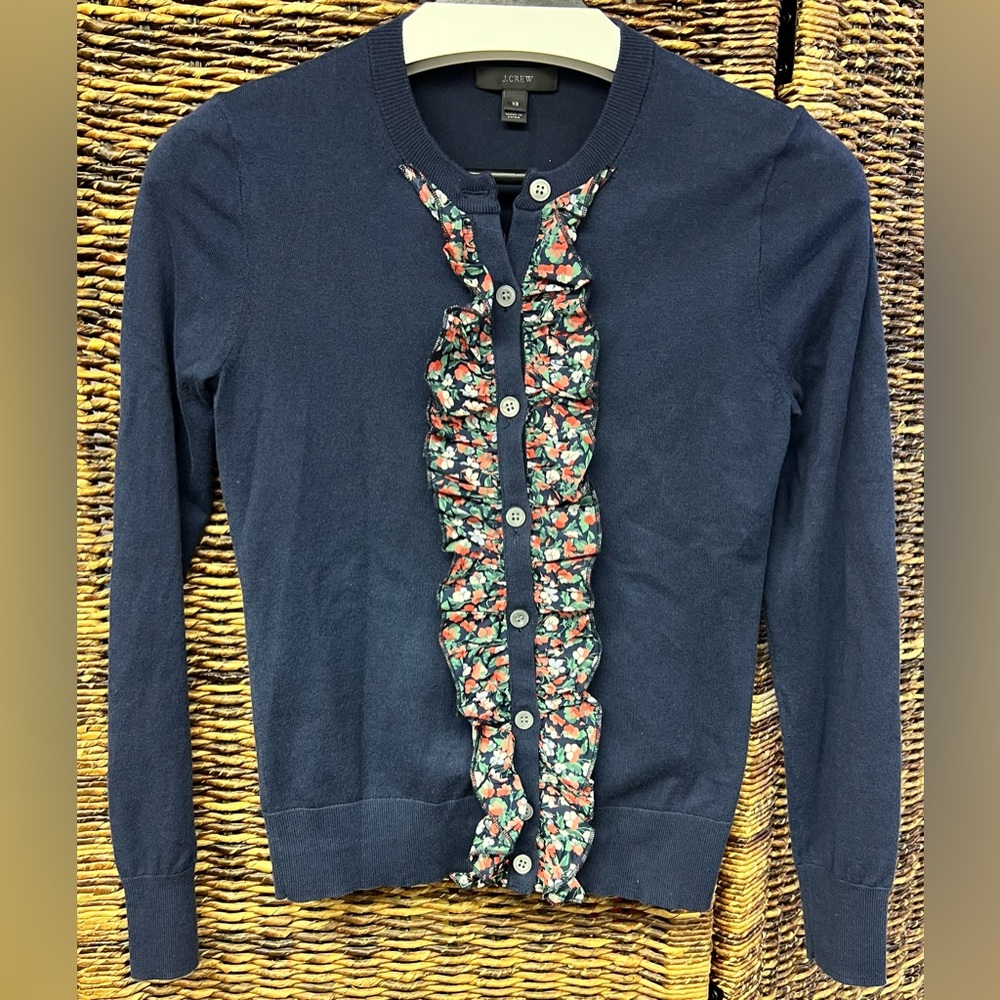 J. Crew - Jackie, Navy Blue Liberty Ruffle‎ Cardigan Sweater, XSmall